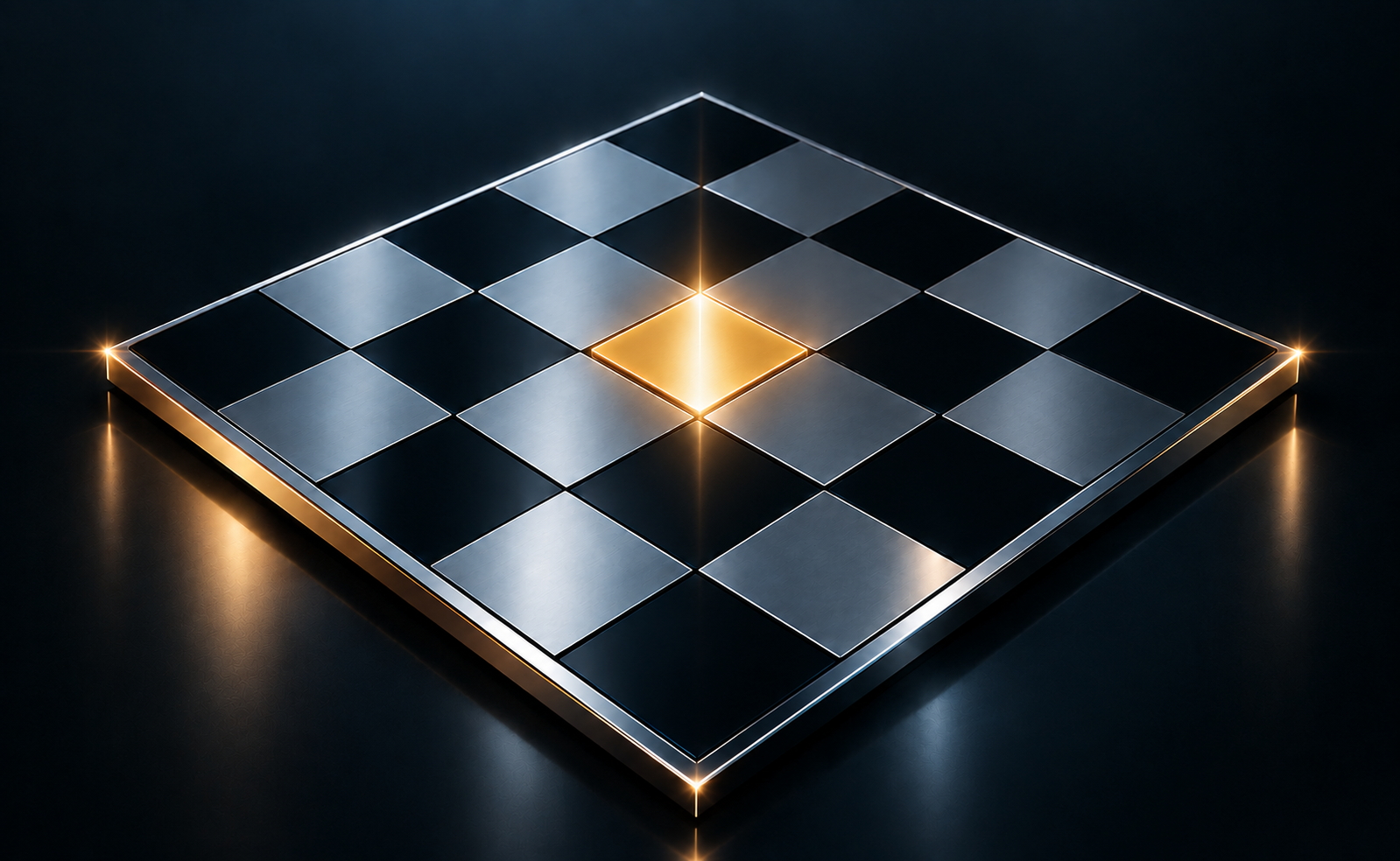 Floating checkered board with a glowing central gold square — the Ventures visual mark